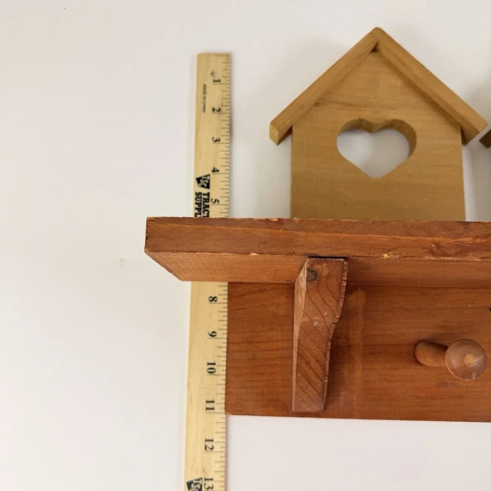 Vintage Wood Birdhouse Heart Wall Shelf Key Rack Peg Hooks Farmhouse Decor